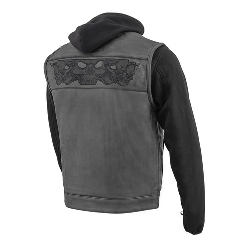 Men’s Black Leather Vest with Reflective Skulls & Full Hoodie Liner