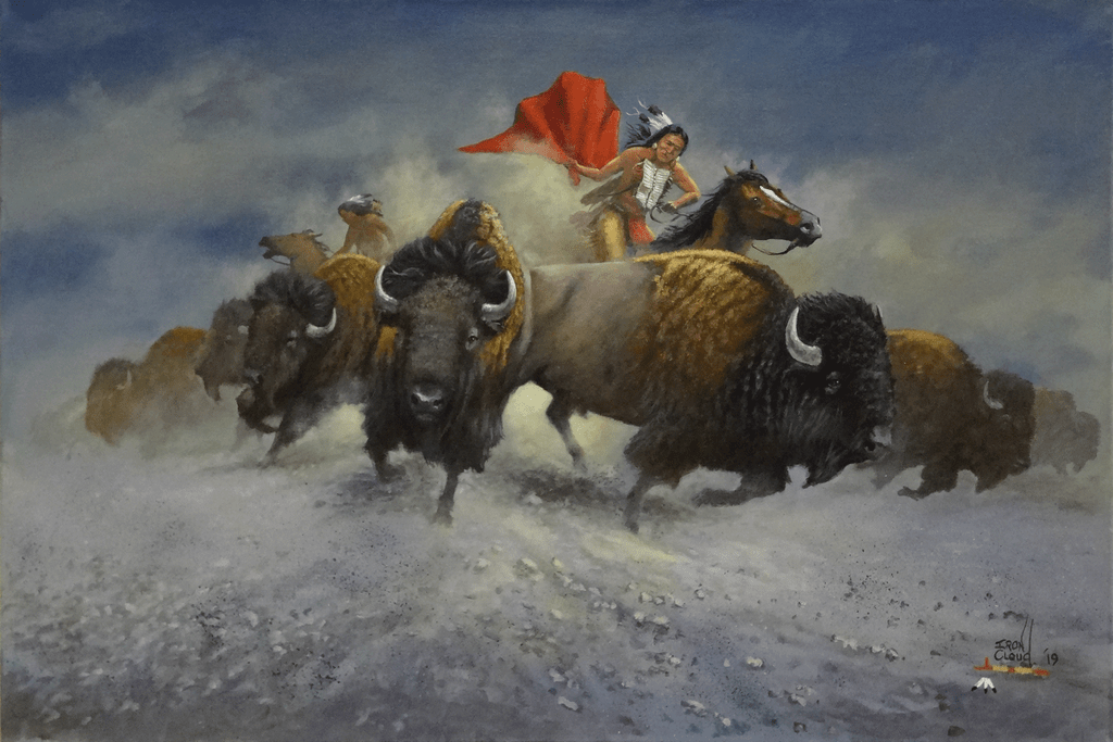 "Chasing the Herd," acrylic painting by Native American artist, Del Iron Cloud features a bison hunt.