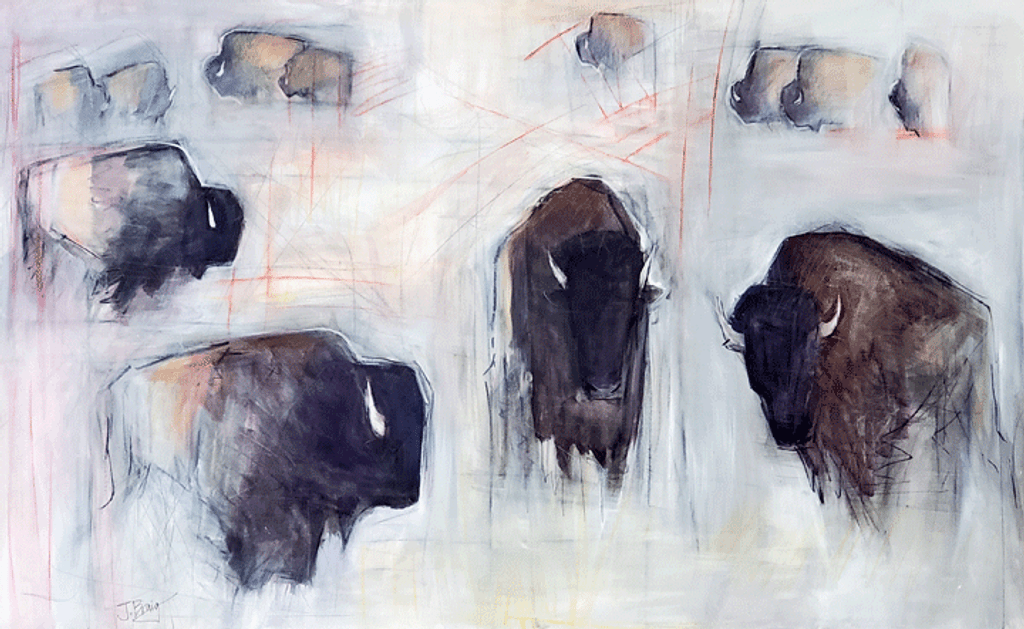 Stylized, mixed media painting on canvas of bison, "One Dozen," by Jennifer Braig.