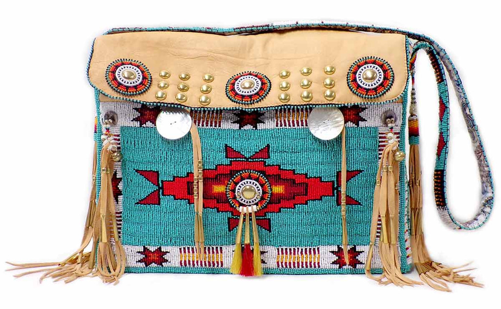 Native American Hand Beaded Tipi Bag w Strap: Turquoise Green w Geometric Design