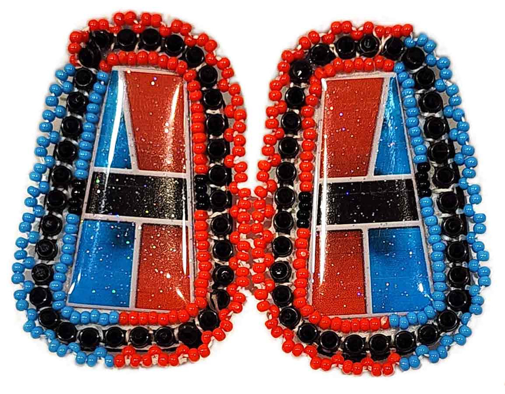 Native American Hand Beaded Post Style Earrings: Red, Black, & Blue Combo