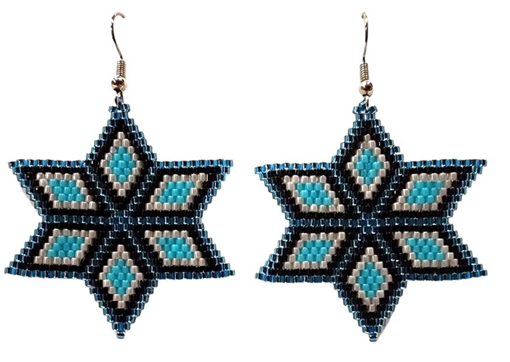 Native American Hand Beaded Earrings: Blue Stars