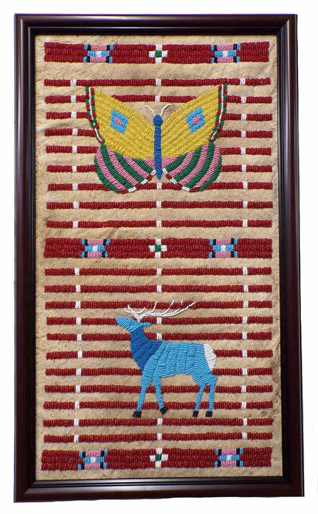 Native American Hand Beadwork on Braintanned Buffalo Hide Framed: Elk and Butterfly