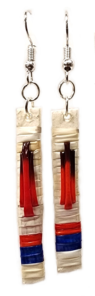 Native American Hand Quilled Earrings: White, Blue & Red