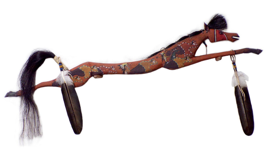 Native American Carved Horse Dance Stick: Buffalo Hunters