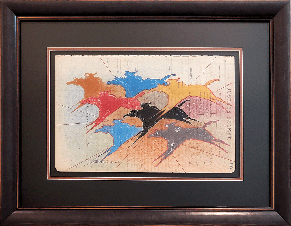 "My Painted Colors Will Help Me in a Hail Storm," original ledger art by Oglala Lakota artist, Don Montileaux.