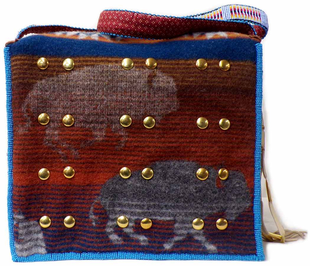 Native American Hand Beaded Large Bag w Beaded Handle: Blue’s - Back View 