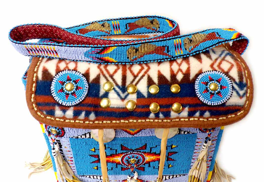Native American Hand Beaded Large Bag w Beaded Handle: Blue’s - Strap and Beaded Flap