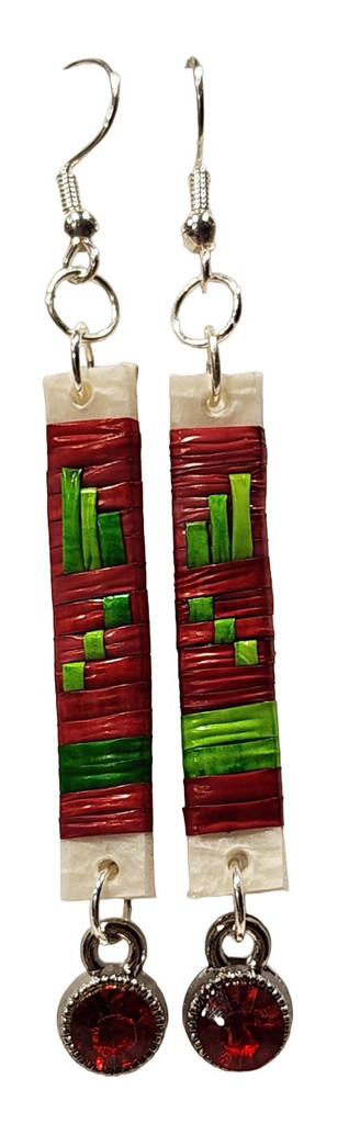Native American Hand Quilled Earrings: Red & Green w/ Red Rhinestones 