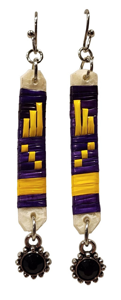 Native American Hand Quilled Earrings: Yellow & Purple w/ Purple Rhinestones