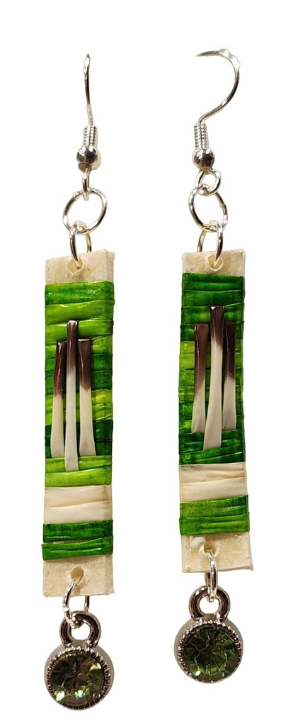 Native American Hand Quilled Earrings: Green & White w/ Green Rhinestones