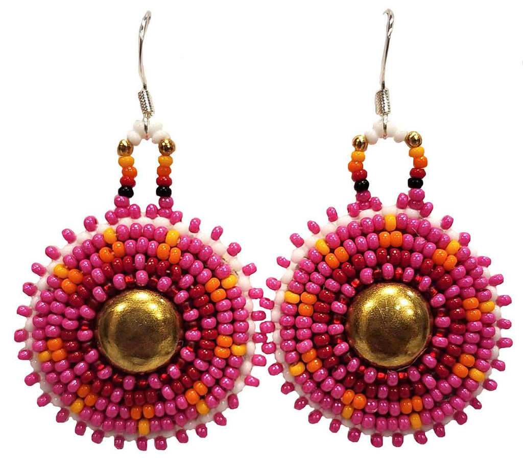 Native American Hand Beaded Earrings: Strawberry Pink Rounds
