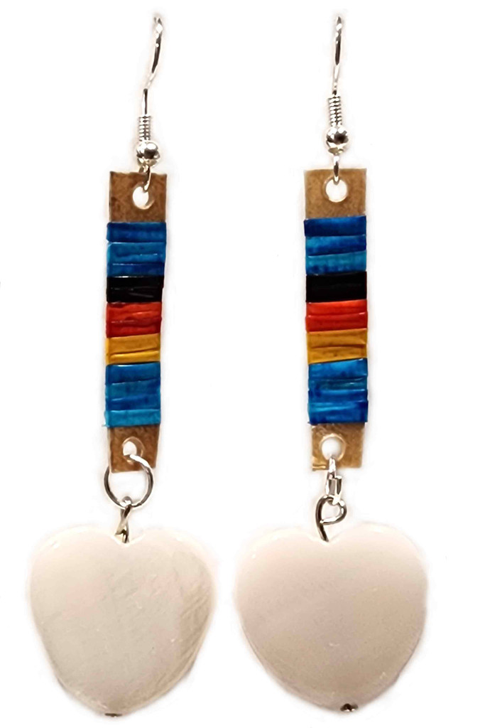 Native American Hand Quilled Earrings: Blue w/ Mother of Pearl Heart Discs