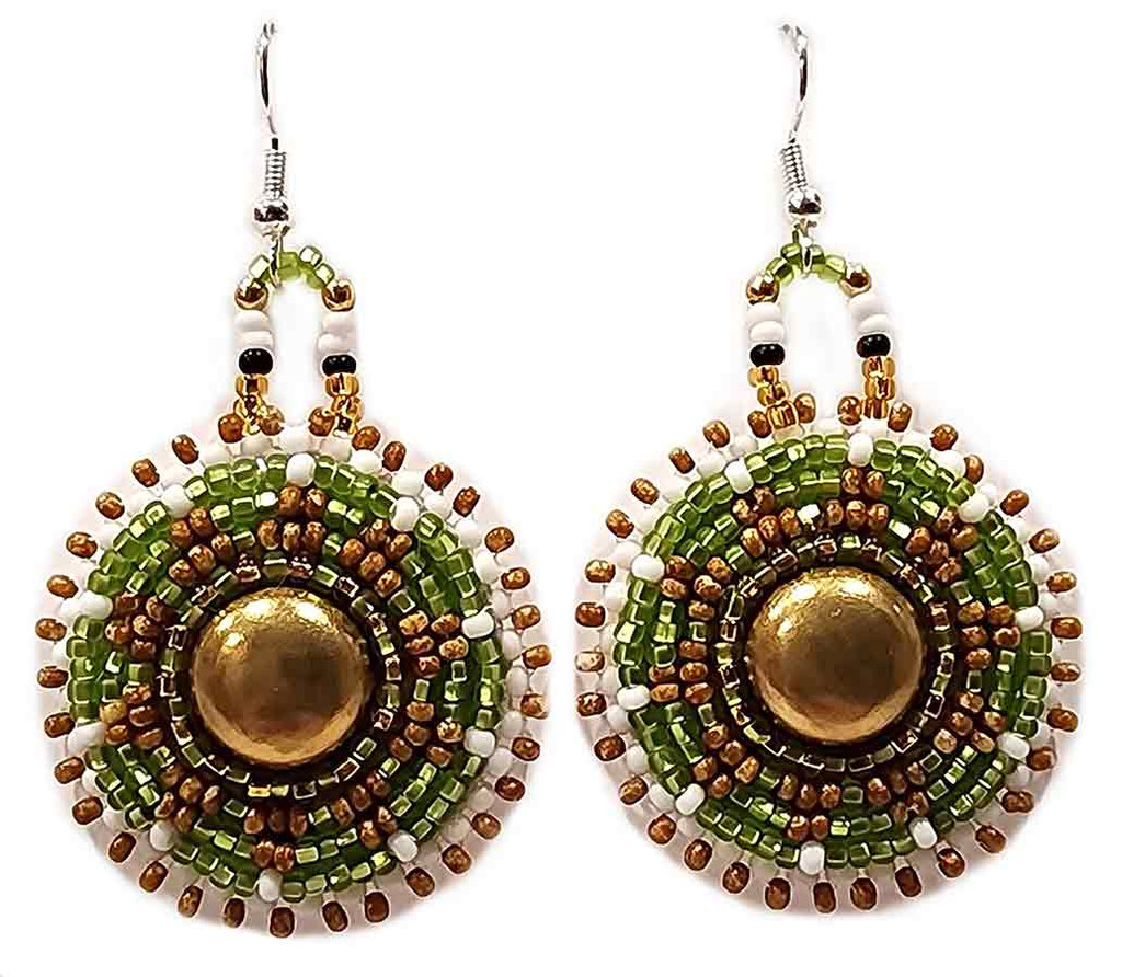 Native American Hand Beaded Earrings: Green & Brown