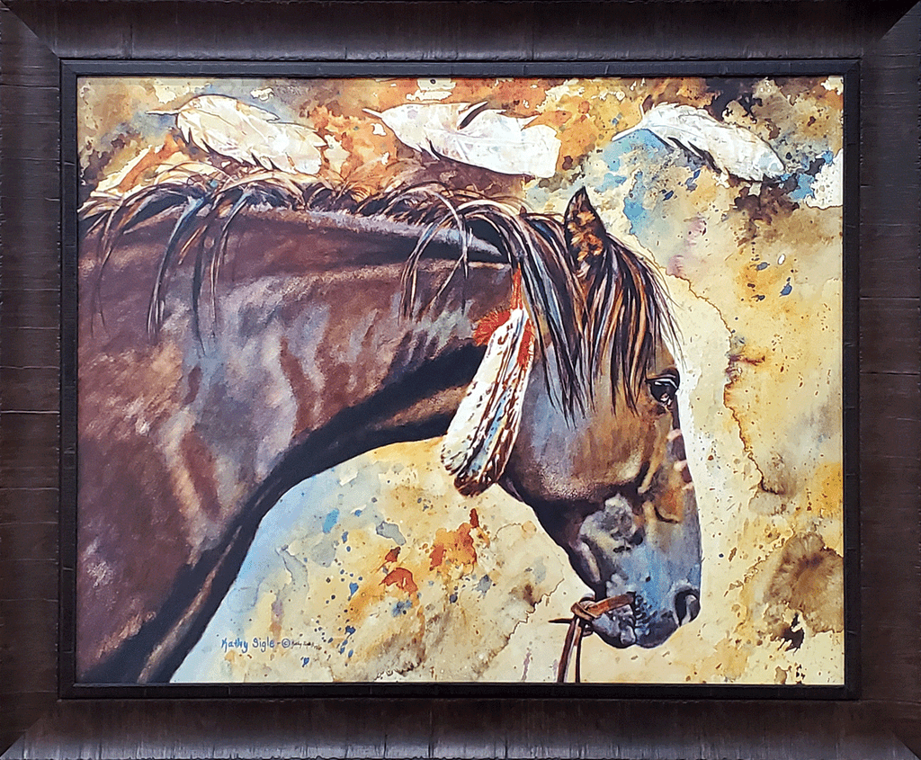 Kathy Sigle's "White Feathers," is a canvas print of a Native horse.