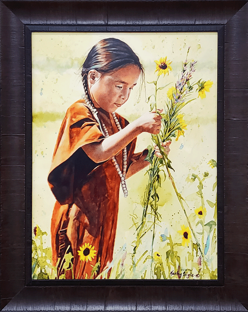 Kathy Sigle's, "Picking Flowers," is a framed canvas print.