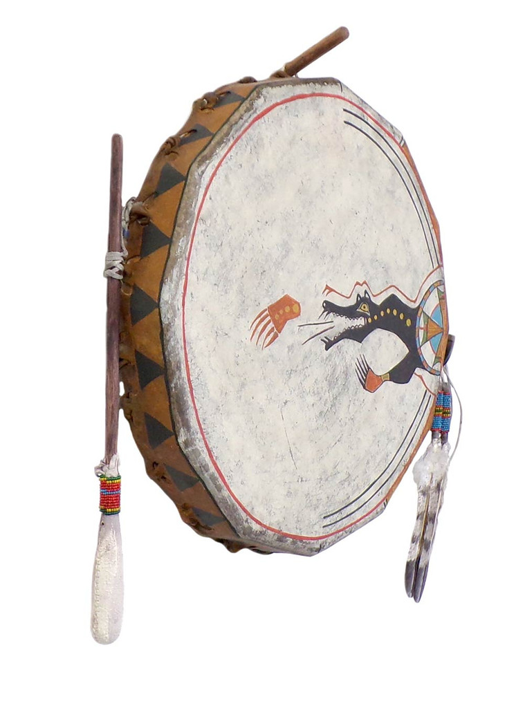 Painted 16” Hand Drum w Beater: Mato World - Drum Beater