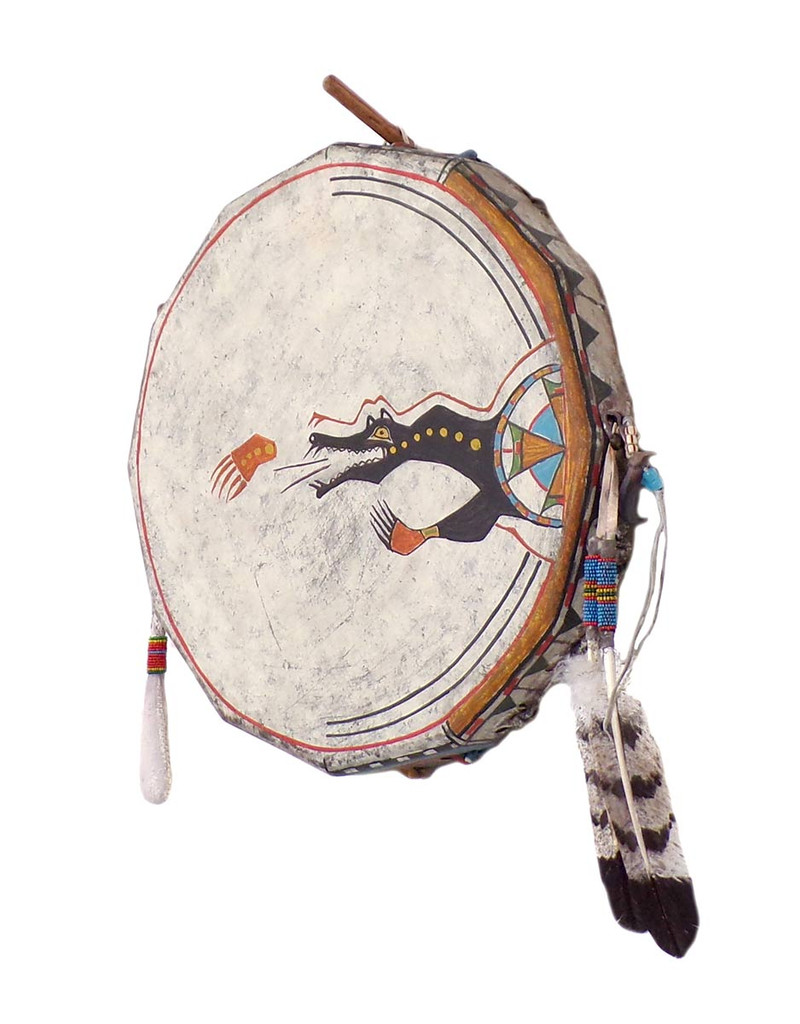 Painted 16” Hand Drum w Beater: Mato World - Side View 