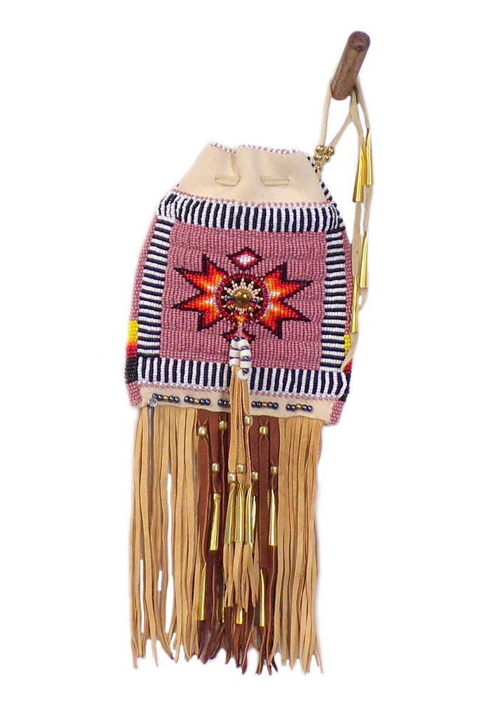 Native American Hand Beaded Belt Bag: Pink