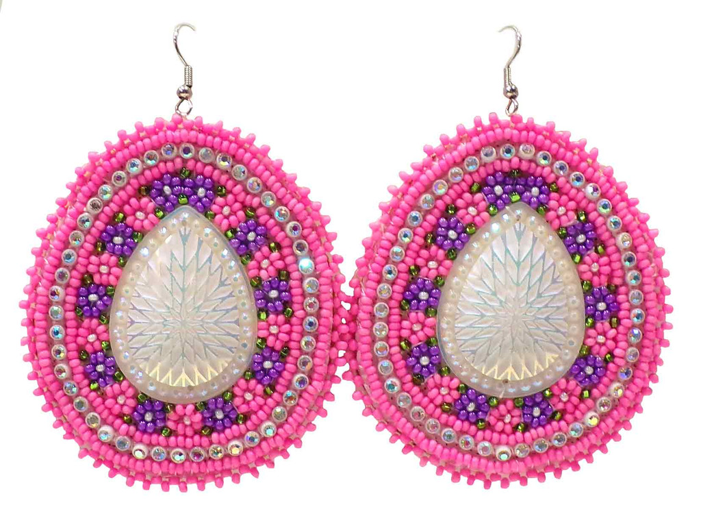 Native American Hand Beaded Earrings: Large Pink Teardrops