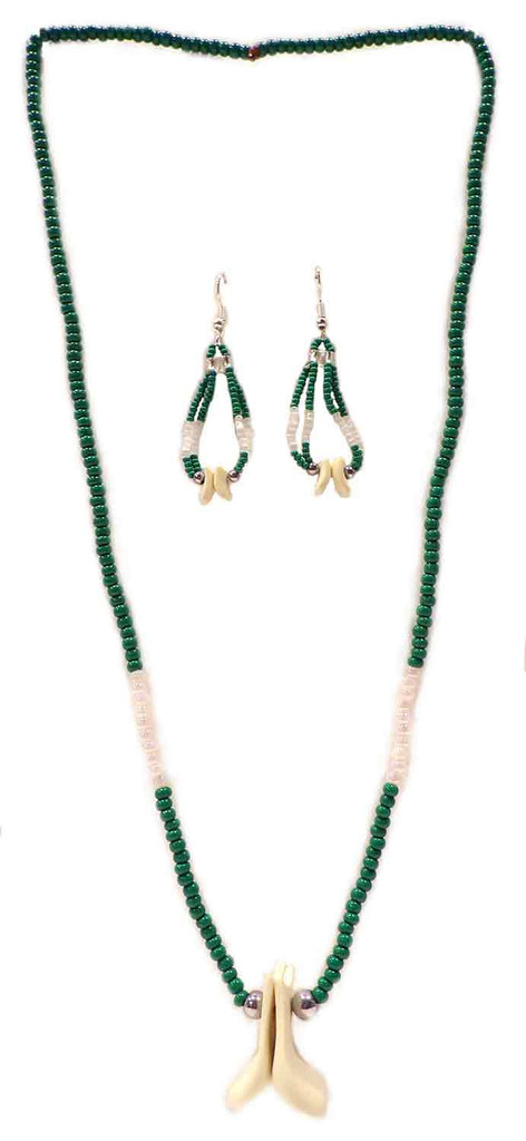 Native American Hand Made Imitation Elk Teeth & Green Bead Necklace & Earrings Set