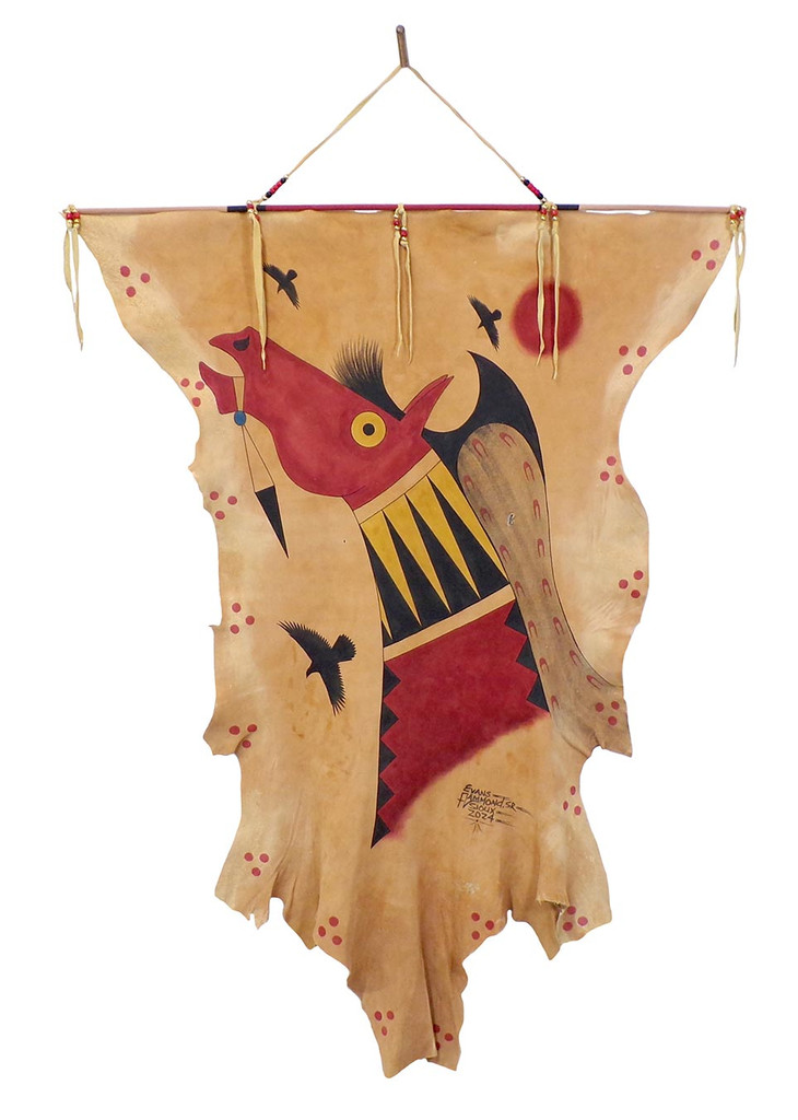 Native American Hand Painted Deer Hide: Red Horse w Three Eagles