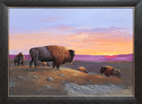 Buffalo herd at sunset painted by Lakota Sioux artist, Del Iron Cloud.