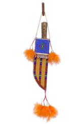Native American Hand Beaded Sheath w Antique Knife: Dark Periwinkle & Amber Beads
