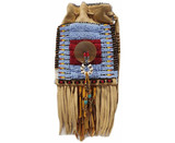 Native American Hand Beaded Belt Bag: Powder Blue & Red Back - Front View 