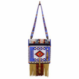 Native American Hand Beaded XL Purse w Pendleton Material: 4 Buffalo w Feather Design (Periwinkle)