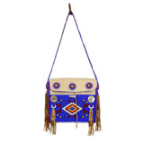 Native American Hand Beaded Square Bag: Dark Periwinkle Background w Geometric Design