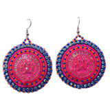Native American Hand Beaded Earrings: Bright Pink & Blue Wolf Paws