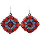 Native American Hand Beaded Earrings: Red w/ Blue Stars
