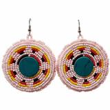 Native American Hand Beaded Earrings: Light Pink Rounds w/ 4 Color Accents