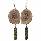 Native American Hand Made Elk Antler Earrings: Green & Purple Feathers