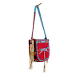 Native American Hand Beaded Horseshoe Shaped Purse: Blue Horse w Horse Tracks  - Side View 