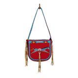 Native American Hand Beaded Horseshoe Shaped Purse: Blue Horse w Horse Tracks 