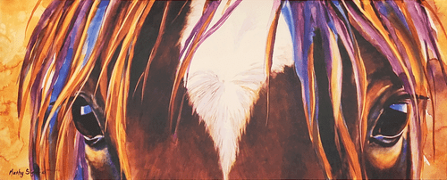 "Fiesta," a gallery wrap canvas print by Kathy Sigle, is a colorful rendering of a horse's eyes looking straight at the viewer.