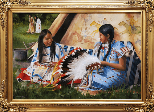 Matt Atkinson's oil painting, "Making Memories," is a sweet depiction of two young Native American girls.