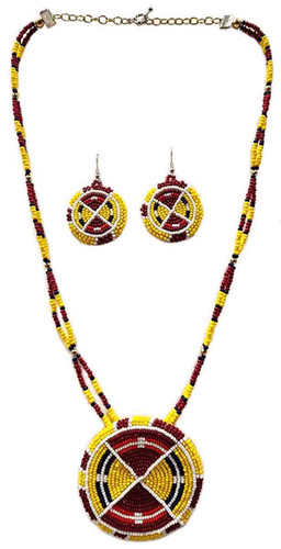 Native American Hand Beaded Crow Style Red & Yellow Earrings and Medallion Set