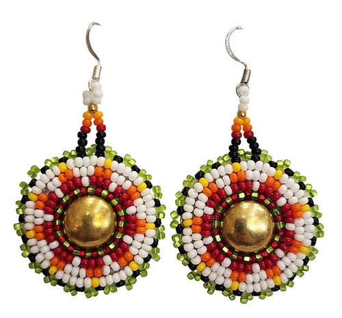 Native American Hand Beaded Earrings: Daisy w/ Green Edge