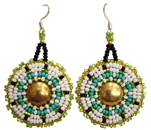 Native American Hand Beaded Earrings: Transparent Green Rounds