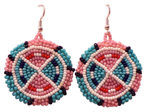 Native American Hand Beaded Crow Style Earrings: Pink & Blue
