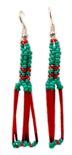 Native American Made Earrings: Teal Bead & Red Quill Combo