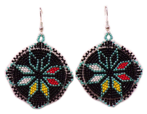 Native American Hand Beaded Earrings: Black Stars
