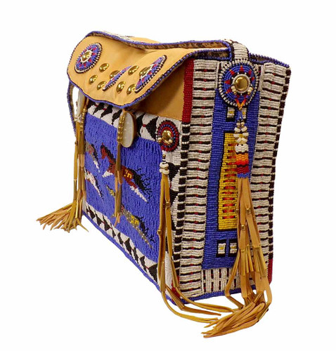 Native American Hand Beaded XLG Shoulder Bag: Four Horses on Blue Background - Decorated Side View 