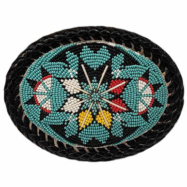 Native American Hand Beaded Belt Buckle: Turquoise Blue w/ 4  display picture 1