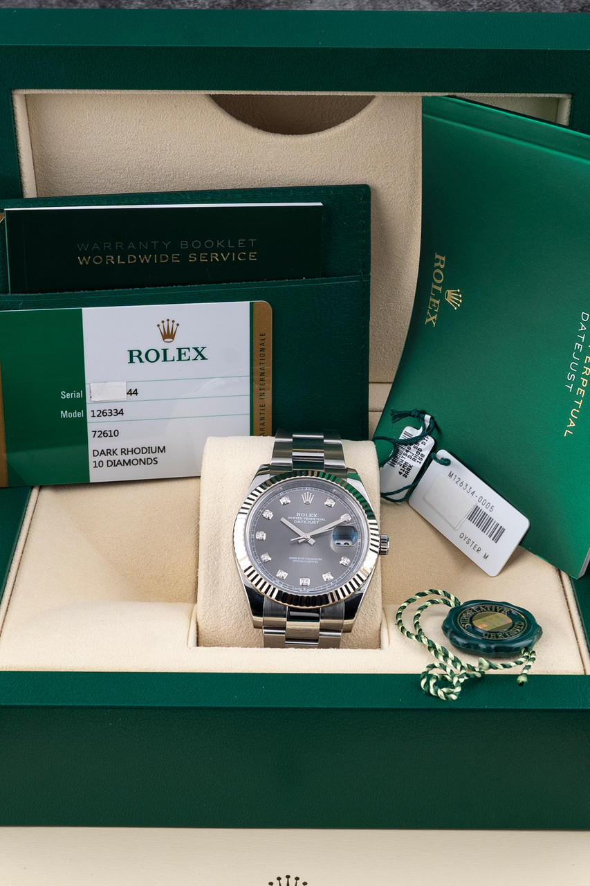 Rolex - Datejust - 41mm Dark Rhodium Stick Index Dial 18K White Gold F –  VVS1S