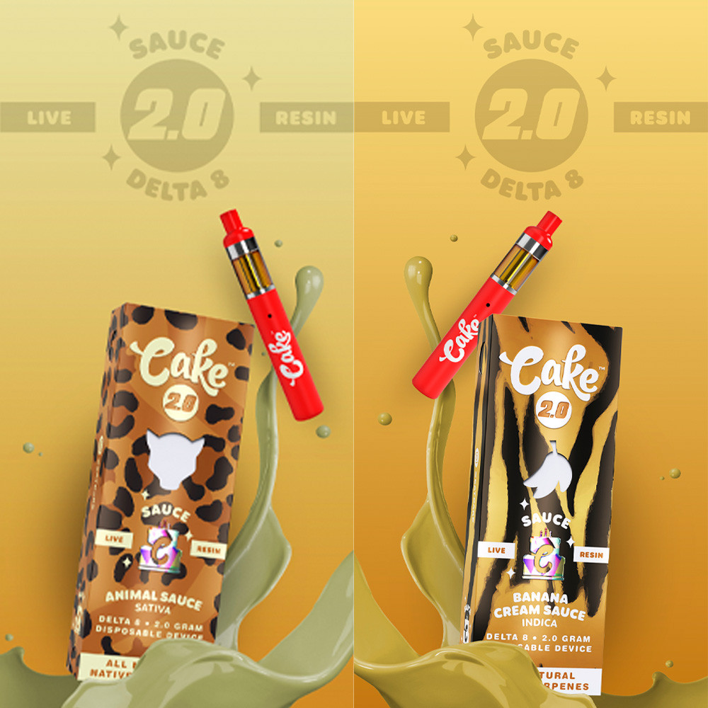 Cake 2.0 Sauce Delta 8 Live Resin Disposable Device 2 Gram Display of