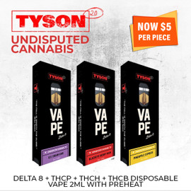TYSON 2.0 Undisputed Cannabis Delta-8 Disposable Vape 2ML With Preheat - Display of 10 (MSRP $44.99 Each)